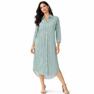 Green White Stripe Button Front Shirt Dress Pockets Long Sleeve S